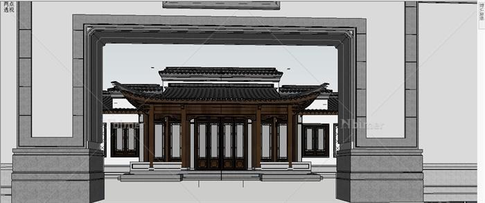 一层古典中式游客接待中心建筑Su精美设计模型[原