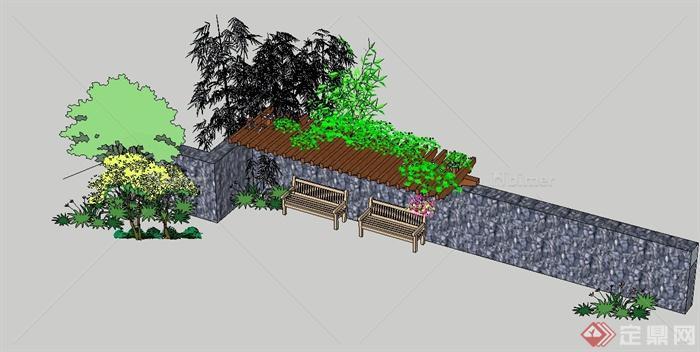 某住宅后院景观节点组合设计su模型（含景墙、植
