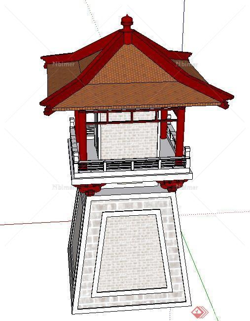 中式风格两层方形塔楼建筑设计SU模型