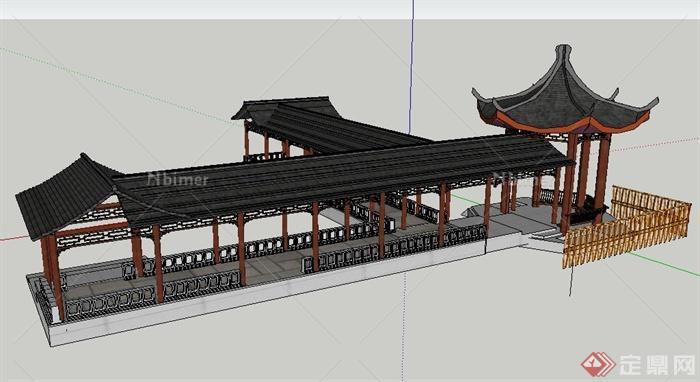 中式风格长廊凉亭组合su模型