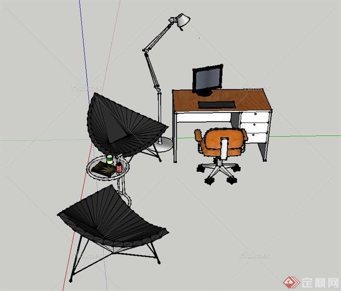 现代室内三角形休闲椅与电脑桌椅设计SU模型