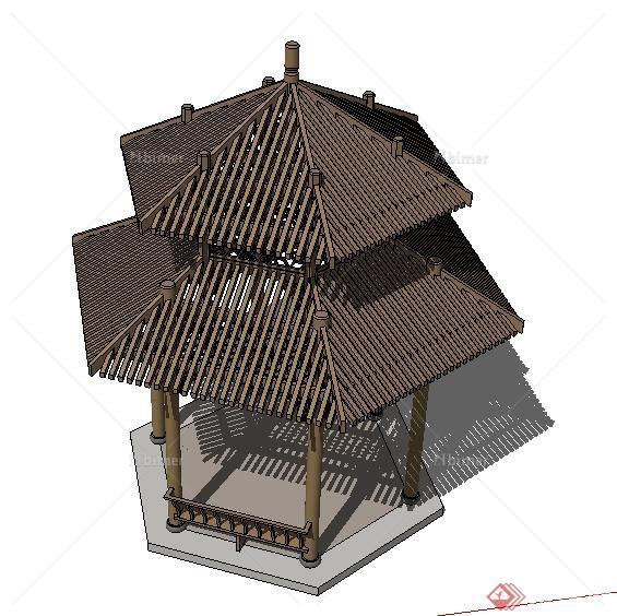 某中式木结构六角亭su模型