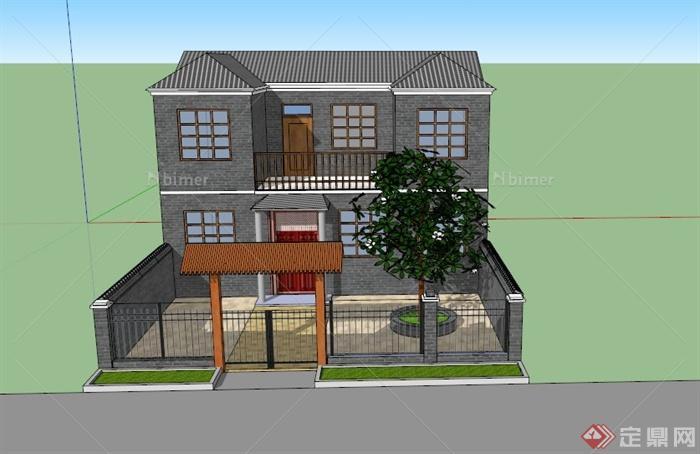 现代中式两套庭院房建筑设计SU模型