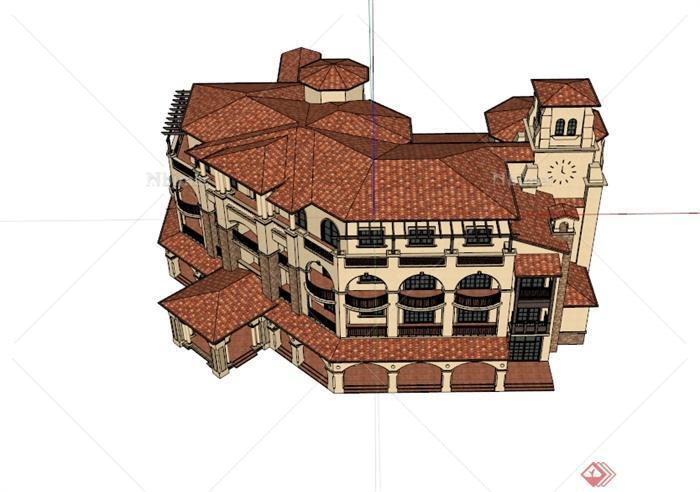 西班牙风格小酒店建筑楼设计su模型[原创]