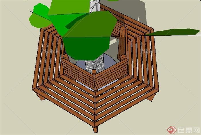 木质六边形树池坐凳设计SU模型[原创]