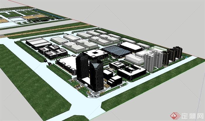 某现代风格科技产业园的规划图及建筑设计SU模型
