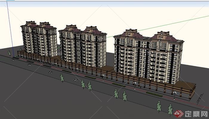 新古典风格详细街边商业住宅楼建筑设计SU模型[原