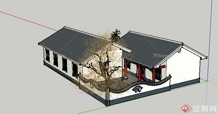 现代中式风格单层住宅别院建筑设计SU模型