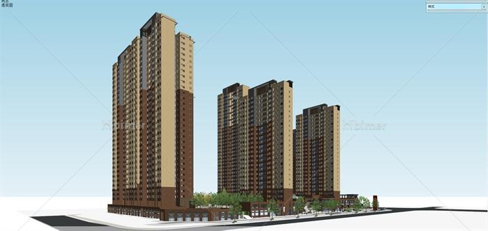 现代风格高层住区及商业住宅楼及景观设计su模型