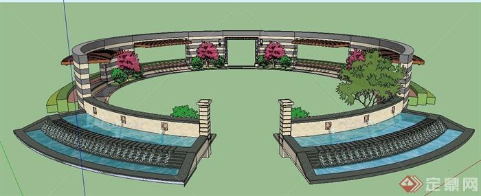 现代风格圆形景墙及景观水池su模型