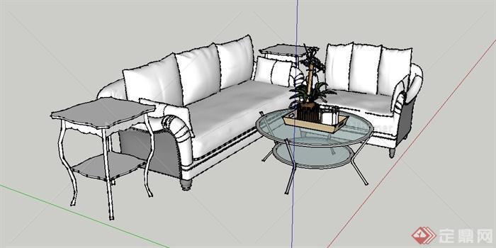 现代风格室内沙发、玻璃桌子设计SU模型