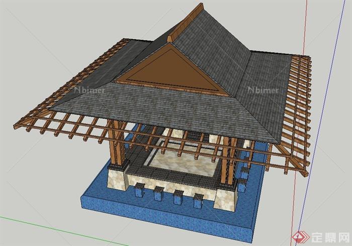 园林景观节点东南亚温泉凉亭设计SU模型