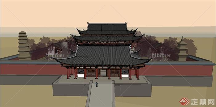 一个影视城仿古寺庙建筑设计SU精致模型[原创]