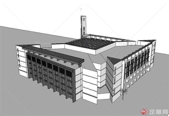 某现代风格福州大学图书馆建筑楼设计su模型[原创