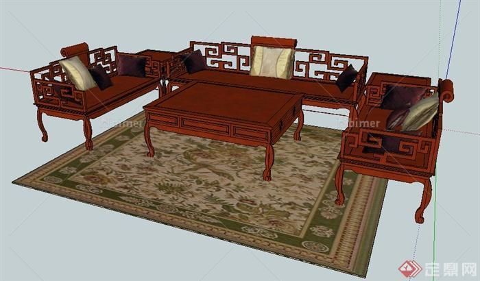 古典中式沙发茶几su模型