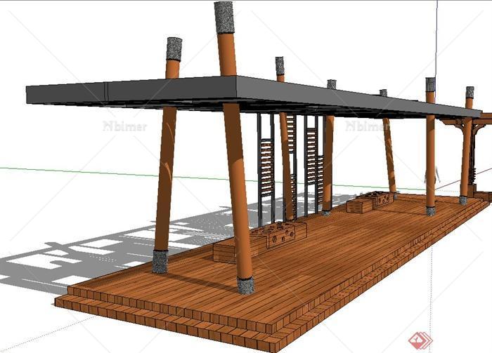 现代中式廊架设计su模型（木地板、木坐凳）