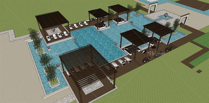 某现代中式风格游泳池景观规划设计SU模型[原创]