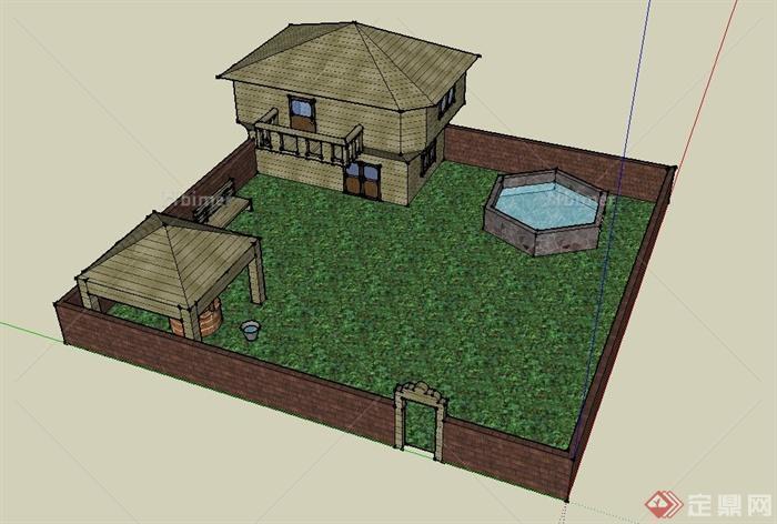 某中式乡村住宅建筑设计SU模型（带庭院）