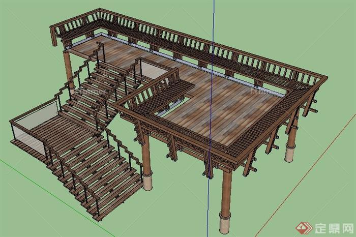中式风格木制观景平台su模型
