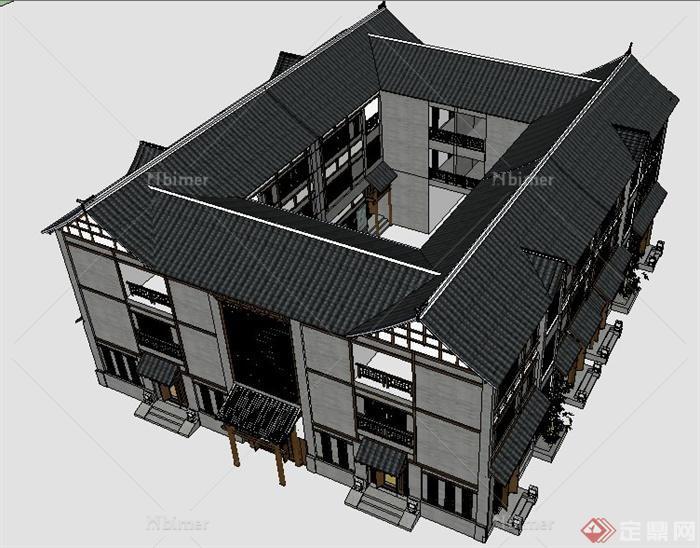 中式风格四合院状三层住宅建筑设计su模型