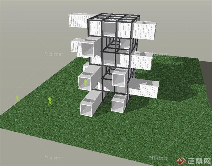 某现代集装箱式观景台建筑设计SU模型