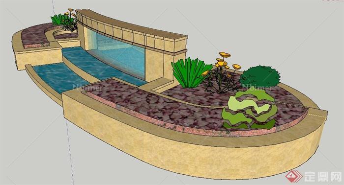 现代简约跌水景观水池su模型