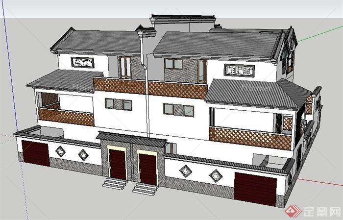 某现代中式风格双拼住宅建筑设计su模型