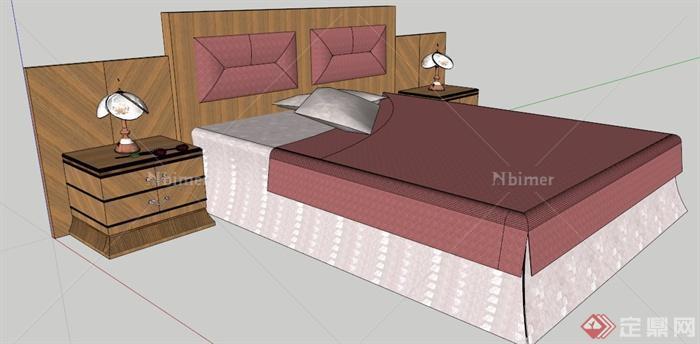 中式风格木制双人床及床头柜su模型