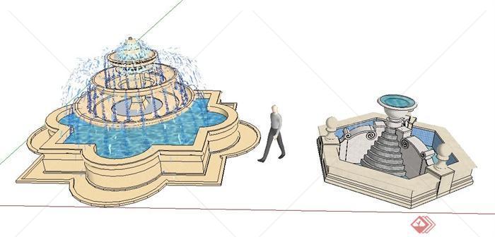 两款新古典风格喷泉水池设计su模型[原创]