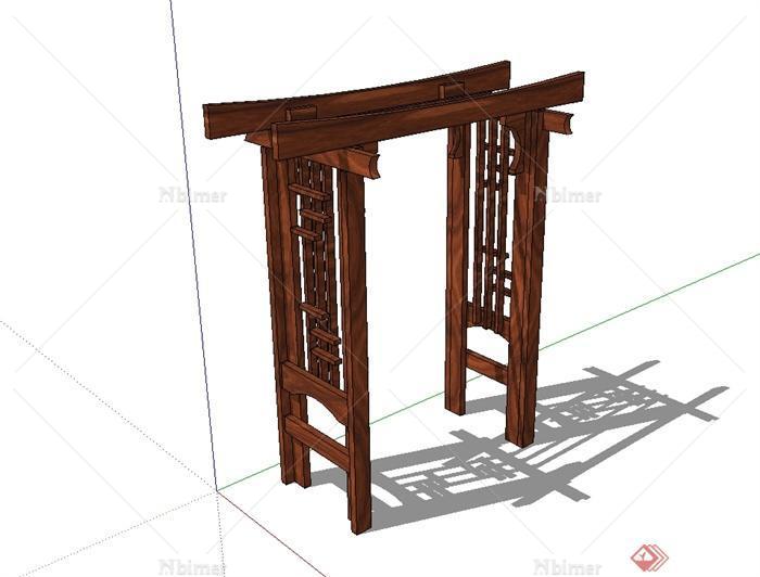 现代中式风格小型全木质廊架设计SU模型[原创]