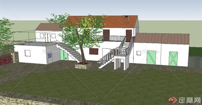 某2层居住民宅设计SU模型（含庭院）