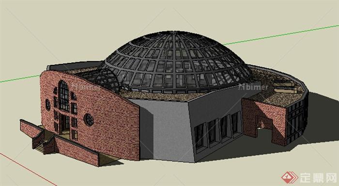 现代风格单层圆顶图书馆建筑设计su模型