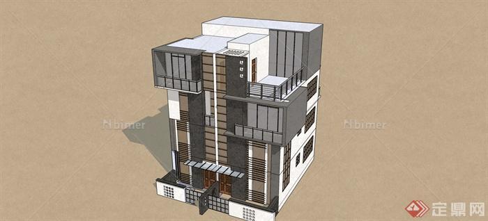 现代中式双户型别墅建筑设计su模型