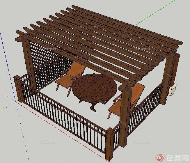 现代中式露台木制廊架组合su模型
