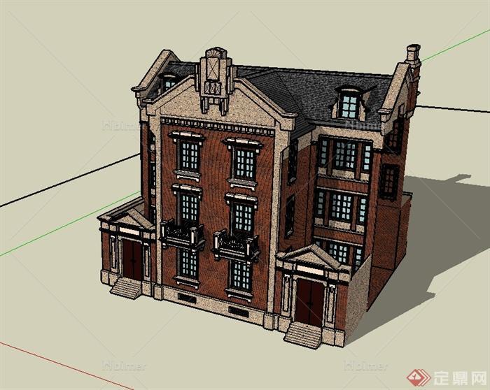 某欧式风格双拼详细多层别墅建筑设计su模型[原创