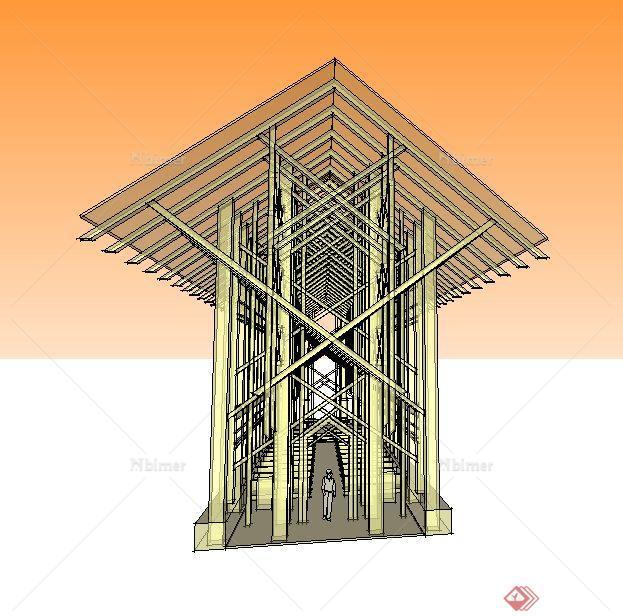 现代某木质交叉教堂建筑设计SU模型