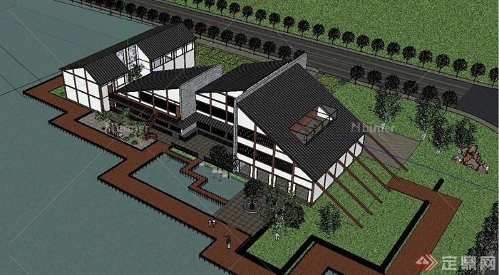 某现代中式风格精致滨水会所建筑设计SU模型[原创