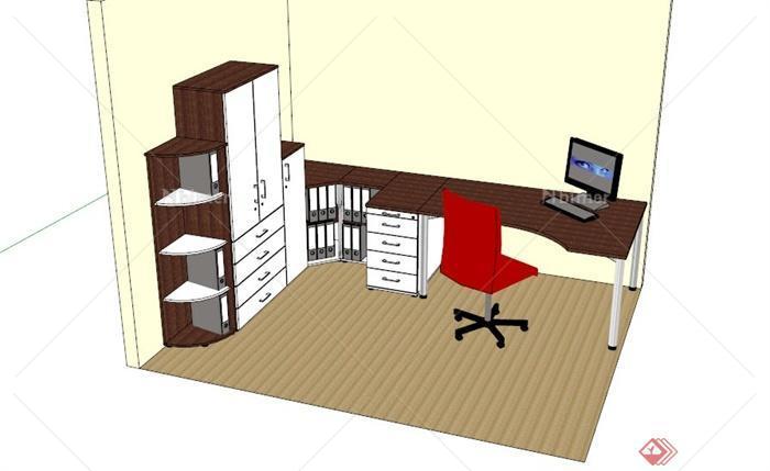 现代木制办公室家具组合SU模型[原创]