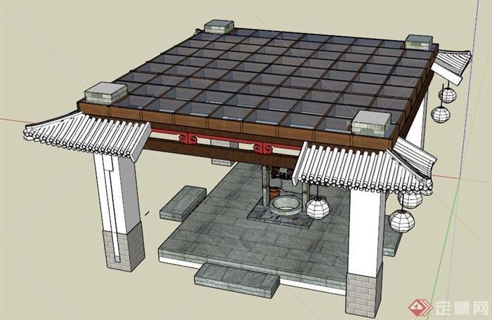 现代中式风格四角井亭设计su模型