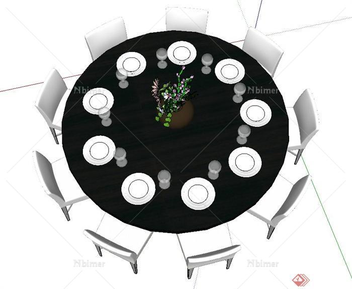 现代餐厅圆形9人餐桌椅设计SU模型