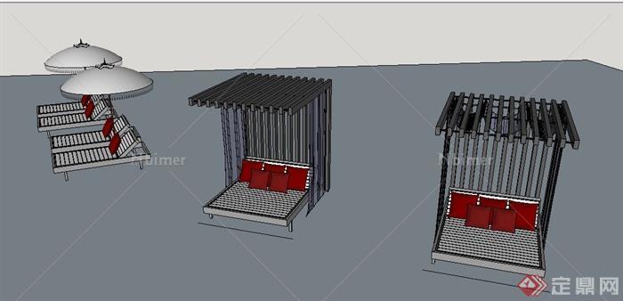 户外躺椅、遮阳伞、休息亭su模型[原创]
