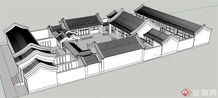 古典中式单层四合院建筑设计SU模型