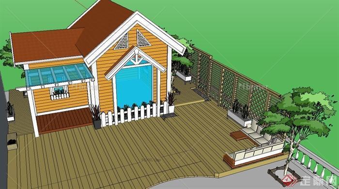 某欧式小木屋庭院花园设计su模型