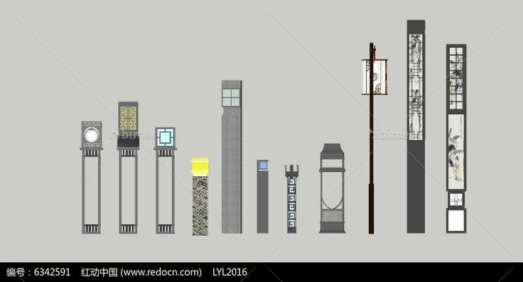 十一款柱形石柱灯柱SU模型