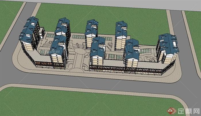 一个坡屋顶商业住宅小区房建筑su模型