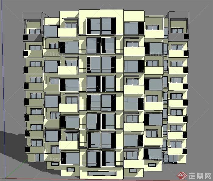 现代某多层梯凸形住宅建筑设计SU模型[原创]