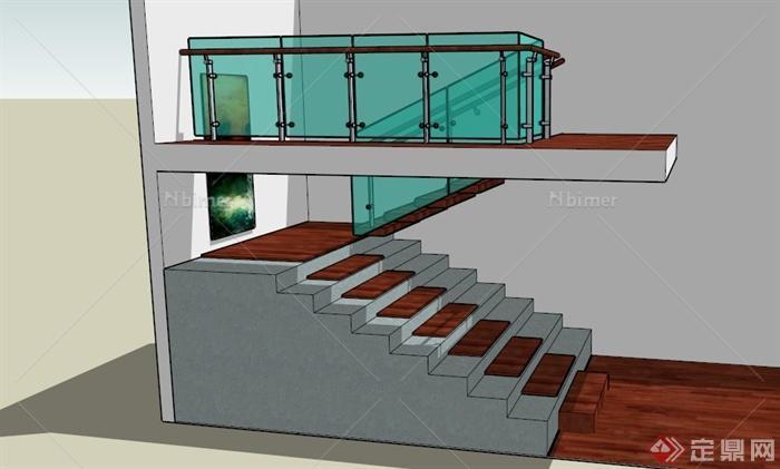 现代室内木制楼梯SU模型