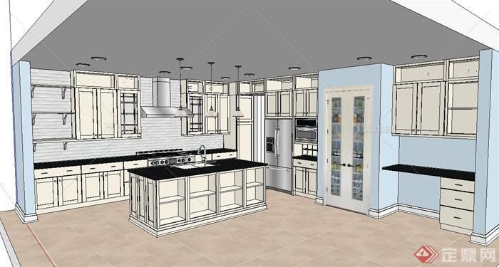 某现代风格住宅空间开放式厨房设计su模型[原创]