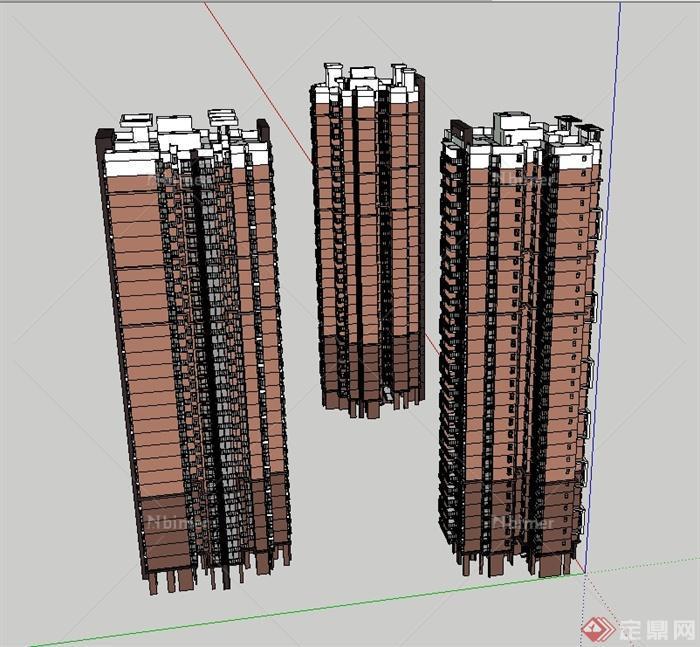 三栋现代风格高层住宅建筑设计SU模型[原创]