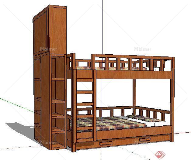 现代中式带储物柜高低床su模型[原创]